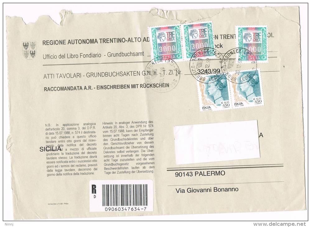 1125- Italia Storia Postale 30.12.99  Lettera Raccom. Reg. Aut. Trentino Alto Adige Affr. 3 X £. 3.000 + 2 X €. 0,34 - 1991-00: Storia Postale