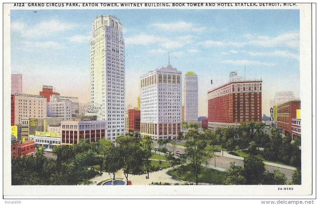 Cp Amérique USA MI Michigan DETROIT Grand Circus Park Eaton Tower Whitney Building Book Tower And Hotel Statler - Detroit