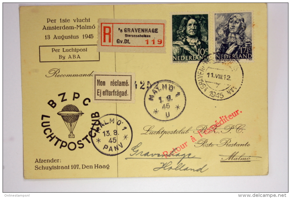 Netherlands 1945 First  Flight Amsterdam Malmö, Registered, Mixed Stamps,  Cat Nr 179 A RR - Storia Postale
