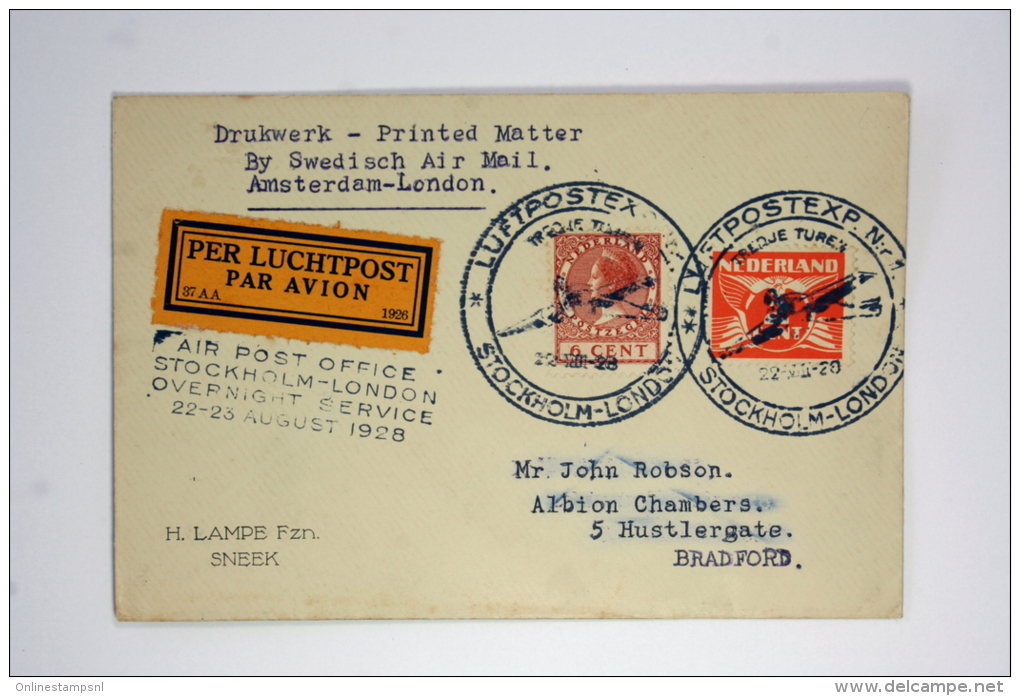 Netherlands 1928 Swedisch Air Mail Amsterdam London Luftpostex Overnight Service. Cat Nr 46 C - Storia Postale