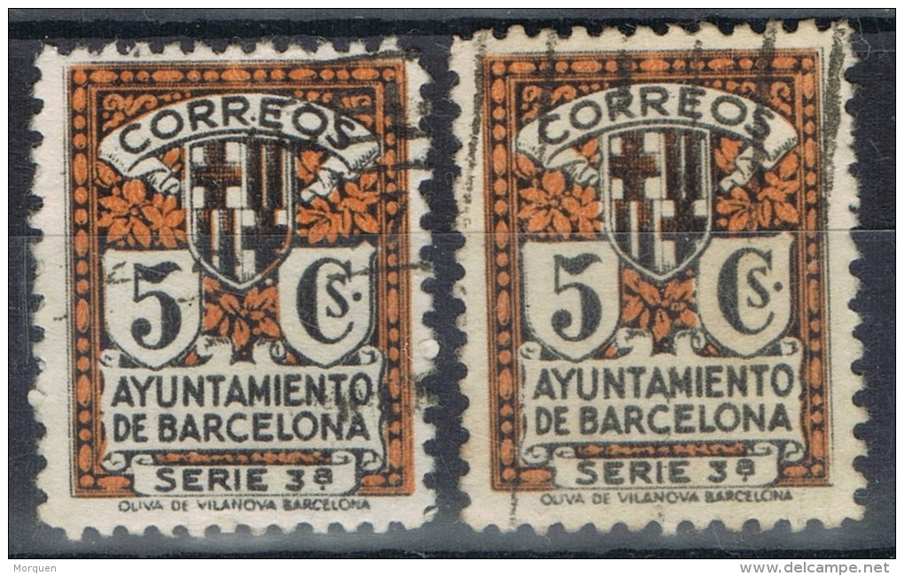 Dos Sellos  5 Cts Recargo Ayuntamiento Barcelona 1932, RARA Variedad Sin Numeracion, Num 11 º - Barcelona