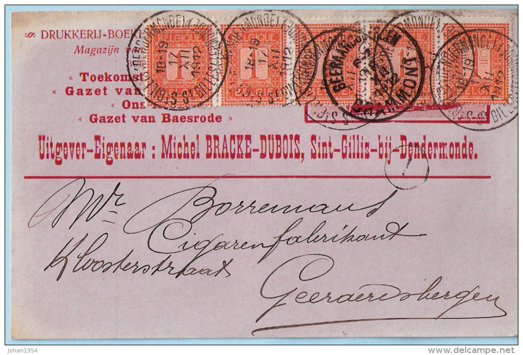 N°108 (strook Van 5) Op Postkaart, Afst. ST GILLIS (DENDERMONDE) ST GILLES (TERMONDE) 17/12/1912, Uitgever BRACKE-DUBOIS - 1912 Pellens