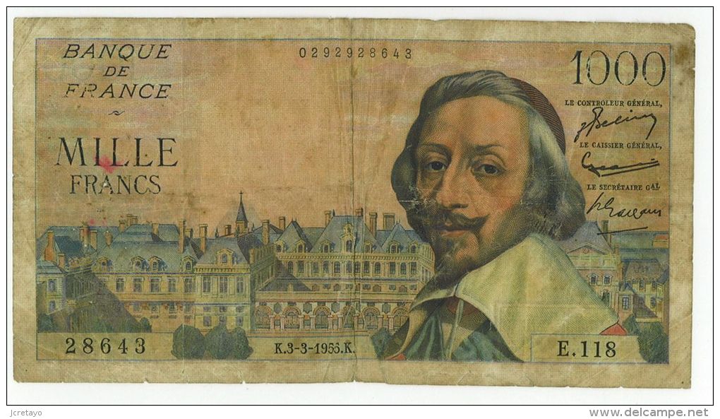 1000 Francs Richelieu, Ref Fayette 42/11, état TB/TTB - 1 000 F 1953-1957 ''Richelieu''