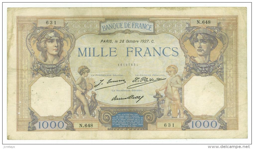 1000 Francs Ceres Et Mercure, Fayette 37/1, état TTB - 1 000 F 1927-1940 ''Cérès Et Mercure''