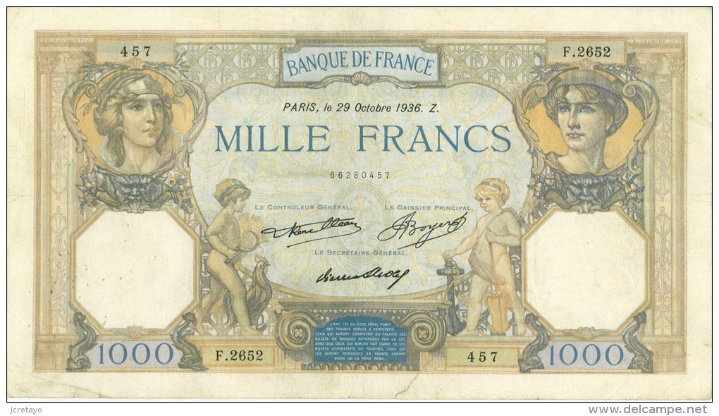 1000 Francs Ceres Et Mercure, Fayette 37/9, état TTB - 1 000 F 1927-1940 ''Cérès Et Mercure''