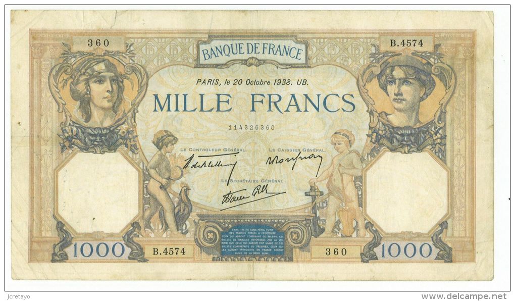 1000 Francs Ceres Et Mercure, Fayette 38/30, état TTB - 1 000 F 1927-1940 ''Cérès Et Mercure''