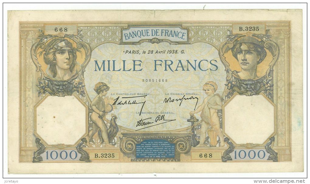 1000 Francs Ceres Et Mercure, Fayette 38/12, état TTB - 1 000 F 1927-1940 ''Cérès Et Mercure''