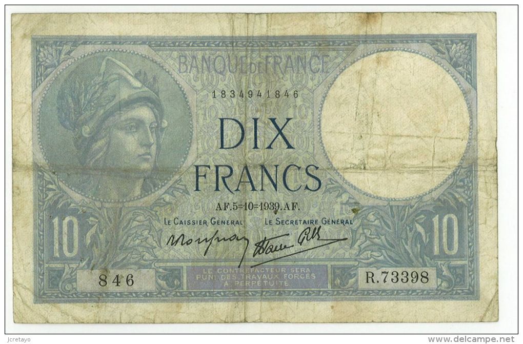 10 Francs Minerve, Fayette 7/10, état TTB - 10 F 1916-1942 ''Minerve''