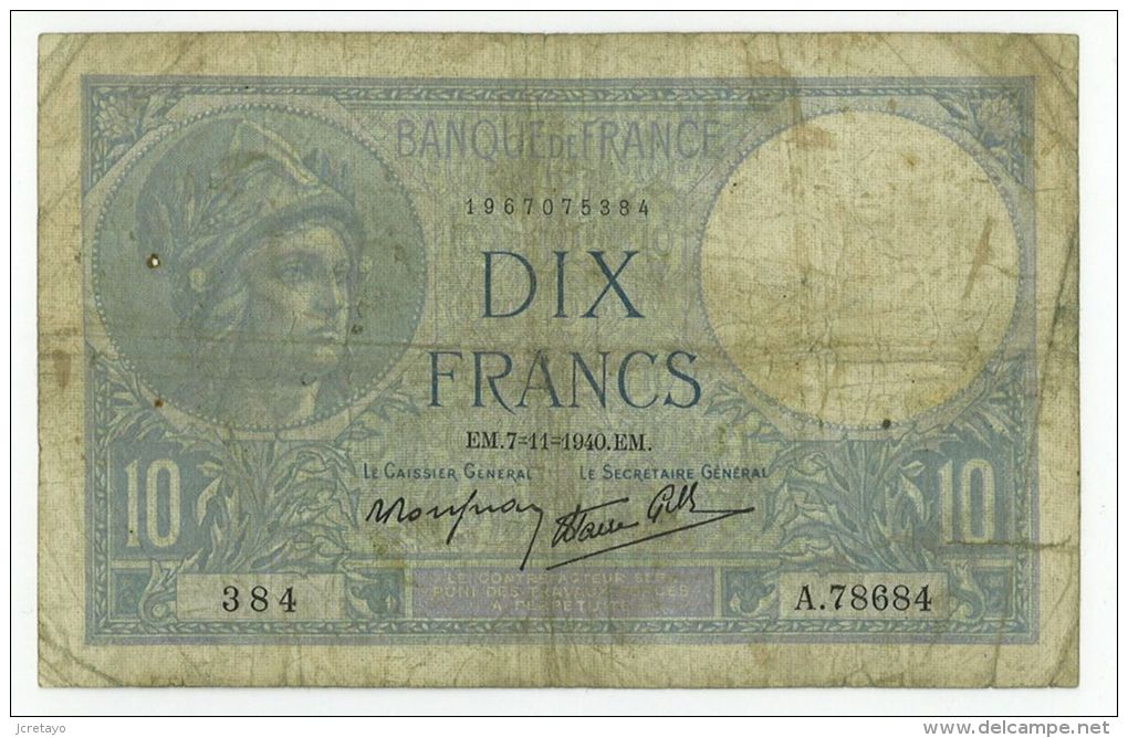 10 Francs Minerve, Fayette 7/19, état TB/TTB - 10 F 1916-1942 ''Minerve''