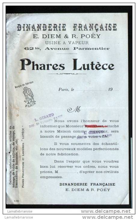 PHARES LUTECE - DINANDERIE FRANCAISE - E. DIEM & R. POEY - USINE A VAPEUR - Matériel Et Accessoires