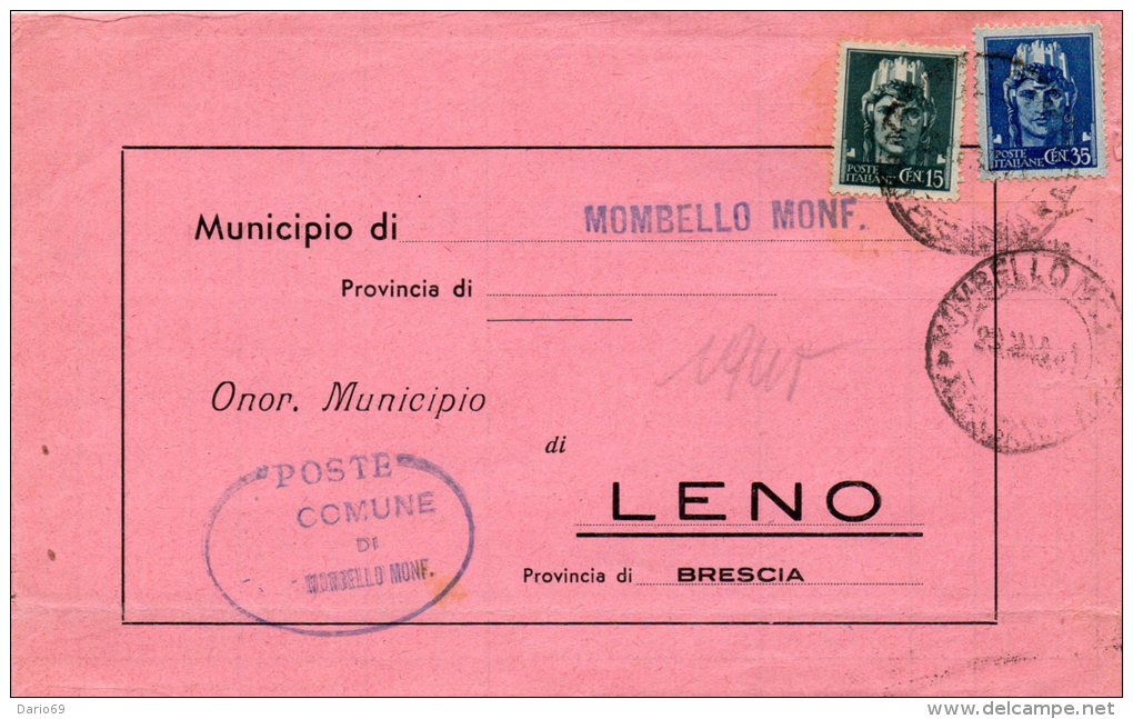 1945 LETTERA CON ANNULLO MOMBELLO  MONFERRATO ALESSANDRIA - Poststempel