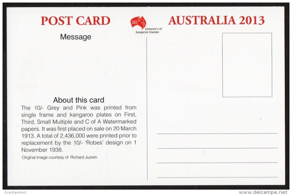 Australia 2013 Kangaroo Centenary 10 Shillings Grey And Pink 1913 Postcard Unused - See 2nd Scan - Postal Stationery