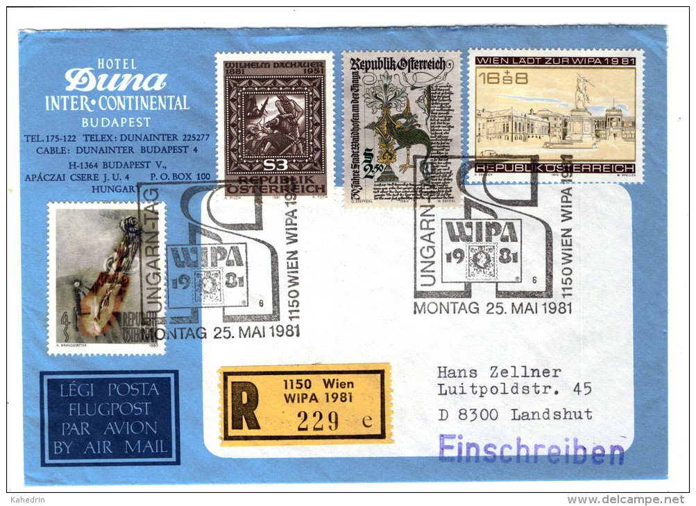 Österreich / Austria 1979 - 1981, Registered Cover, WIPA 1981 - Hotel Duna Inter-Continental Budapest Hungary - Lettres & Documents