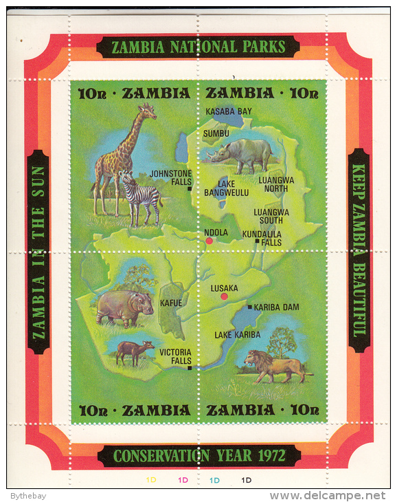 Zambia MNH Scott #85 Souvenir Sheet Of 4 Map Of Zambia And Wildlife - Conservation Year - Zambie (1965-...)