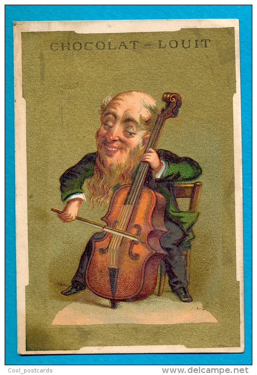 PUB. CHROMO,  DOREE, CHOCOLAT LOUIT, CARICATURE, INSTRUMENT DE MUSIQUE, VIOLONCELLE, TRE BON ETAT Ca 7 X 10.5 Cm - Louit