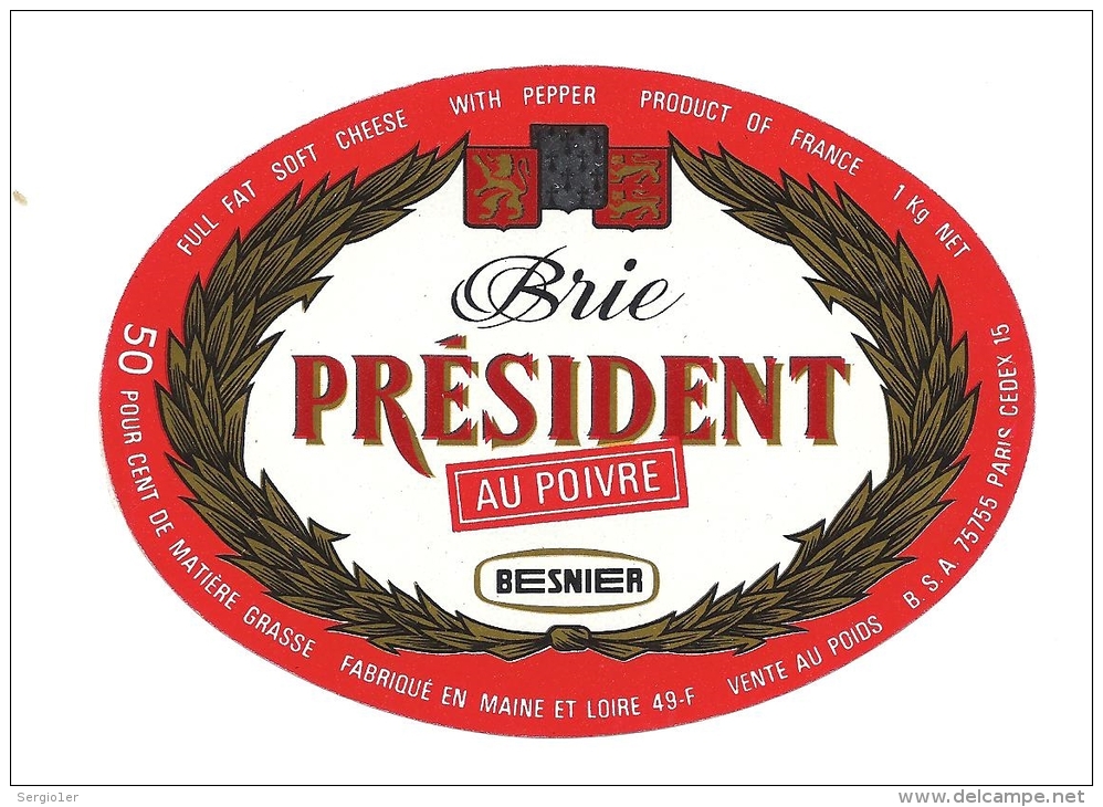 Etiquette Fromage Brie Président Au Poivre  Besnier  Maine Et Loire 49F - Cheese