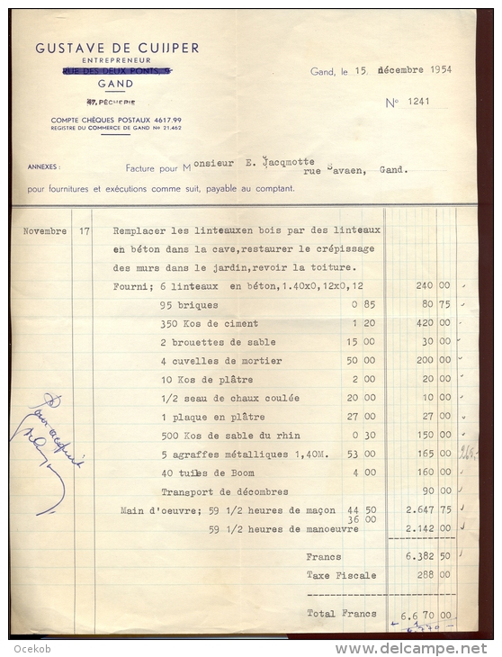 Factuur Brief Lettre Gent - Aannemer Bouwwerken Gustave De Cuyper 1954 - Straßenhandel Und Kleingewerbe