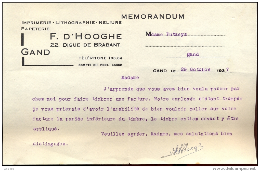 Factuur Brief Lettre Gent - Memorandum F. D'Hooge 1937 - Autres & Non Classés