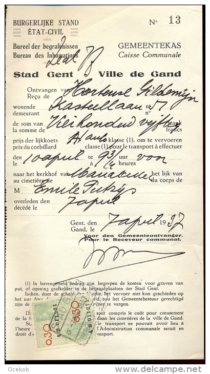 Factuur Brief Lettre Gent - Gemeentekas Begrafenissen 1937 - Artigianato