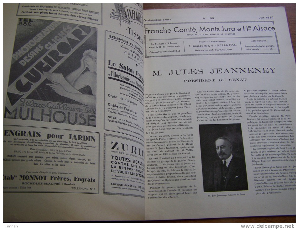 N°155 Juin 1932 Franche Comté Monts Jura Haute Alsace LEVY GRUNDWALD BOUCHOT JEANNENEY Musée Belfort Publicité époque - Tourisme & Régions