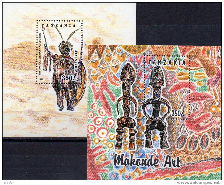 Trachten Krieger Zulu 1992 Tanzania Block 208+236 ** 5€ Stammestracht Sculptur Man Blocchi Bf Bloc Art Sheet Of Tanzanie - Tanzanie (1964-...)