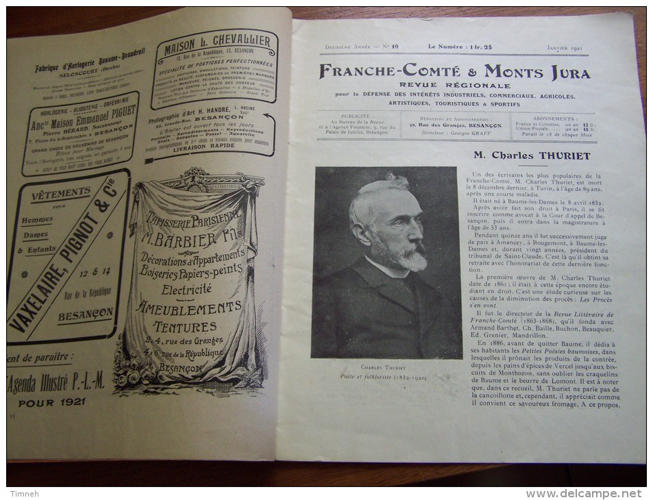 N°19 Janvier 1921 Franche Comté Monts Jura Revue Mensuelle LA CHAINE DU LOMONT Charles THURIET Publicité époque - Tourism & Regions