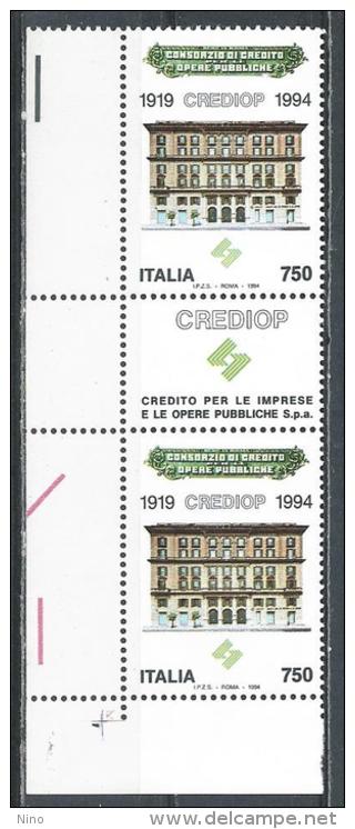 Italy. Scott # 2007 MNH Gutter Pair. CREDIOP 75th. Anniv. 1994 - 1991-00: Mint/hinged