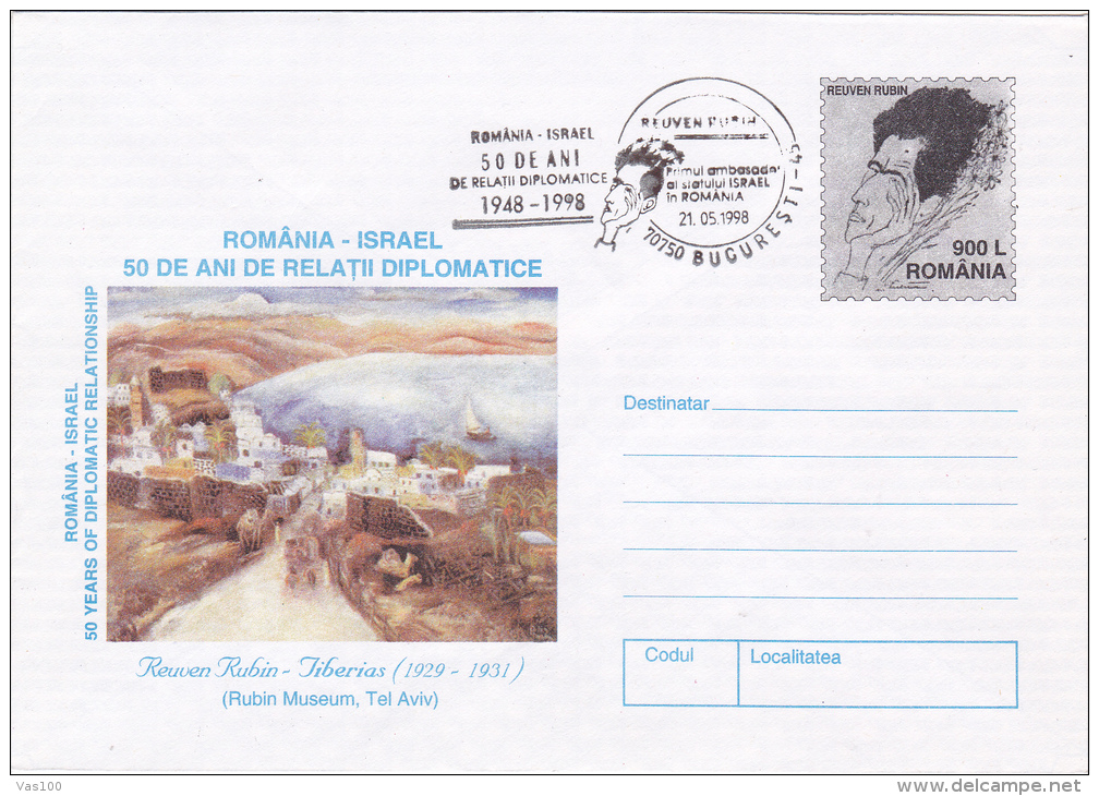 REUVEN RUBIN, FIRST AMBASADOR OF ISRAEL IN ROMANIE,1998, COVER STATIONERY,OBLITERATION CONCORDANTE, ROMANIA - Jewish