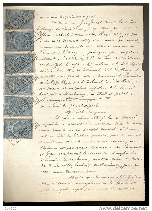 PAPIER TIMBRE FRANCE 1893 Fiscaux , Huissier  :E.TAILLEUX   Document D´Etude ( Seine Maritime Le HAVRE )DE BOISHEBERT - Décrets & Lois