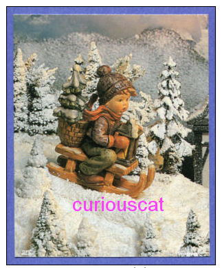 CARD PRINT Of WINTER SNOW SCENE With M I HUMMEL BOY FIGURINE  On SLED Mit BASKET And LANTERN For LOISIRS HOBBY CRAFTS - Otros & Sin Clasificación