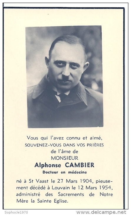 BELGIQUE - LOUVAIN - SAINT VAAST -  Alphonse CAMBIER - Docteur En Médecine - Décès