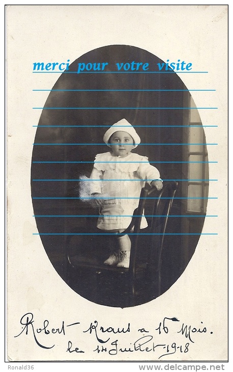 Cp Bébé Enfant : Portrait  De  Robert KRAUS à 16 Mois  ( Mode Chapeau  ) Cliché Studio Ou Habitation ( 14 Juillet 1918 ) - Généalogie