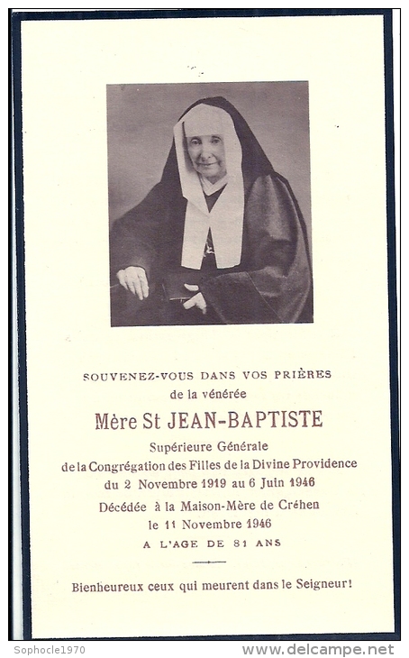 BRETAGNE - 22 - COTES D'ARMOR - CREHEN - Maison Mère - Mère Saint Jean Baptiste Supérieure Filles De La Divine Providenc - Décès
