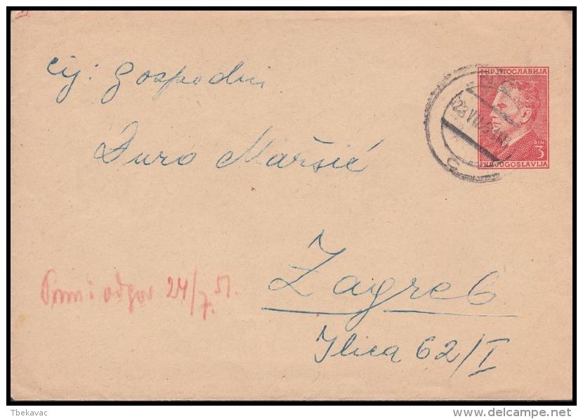 Yugoslavia 1951, Prestamped Envelope Novi Vinodolski To Zagreb - Briefe U. Dokumente