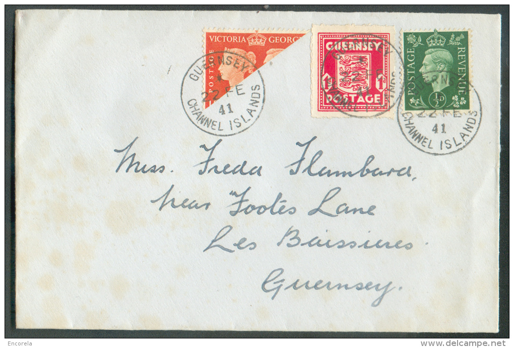 GB ½p. (Georges VI) + ½timbre Coupé Diagonalement En AFFRANCHISSEMENT MIXTE Avec GUERNSEY 1p. Rouge, Obl. Sc GUERNSEY Ch - Guernesey