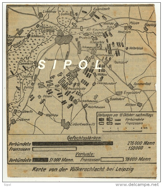 Issu D Un Journal Allemand  1914 Env  Karte Von Der Völkerschlacht Bei Leipzig Coupure De13 X 15cm - Andere & Zonder Classificatie