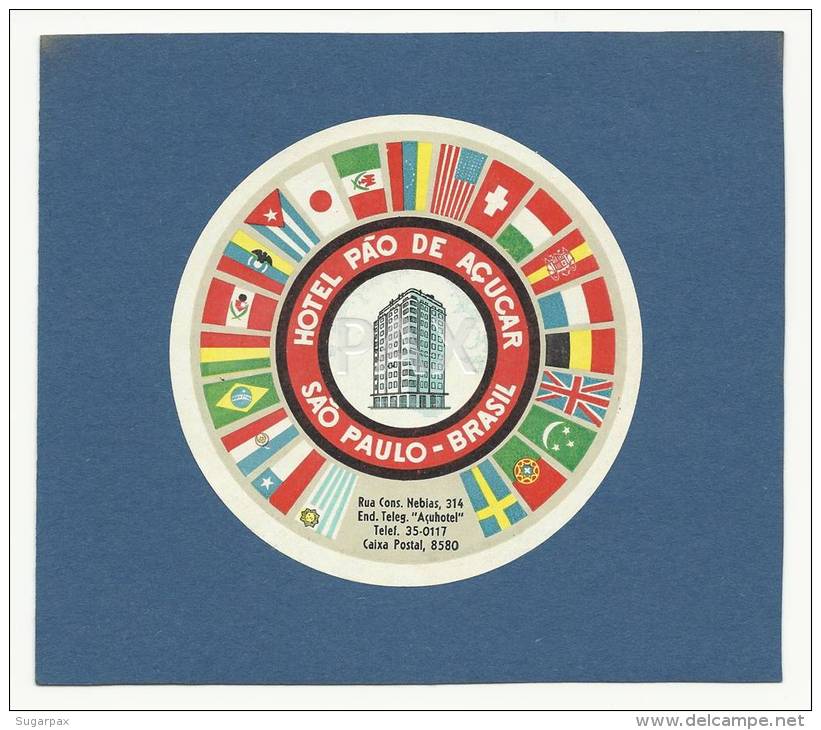 BRASIL &#9830; SÃO PAULO &#9830; HOTEL PÃO DE AÇUCAR &#9830; VINTAGE LUGGAGE LABEL &#9830; 2 SCANS - Etiketten Van Hotels