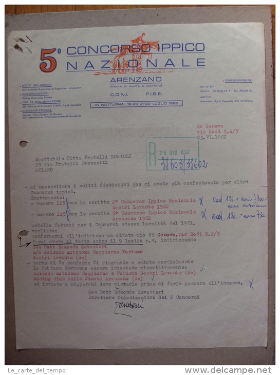Fattura 5°Concorso Ippico Nazionale - ARENZANO 1962 (alla Ditta Fratelli Lorioli - Medaglie) - Italia