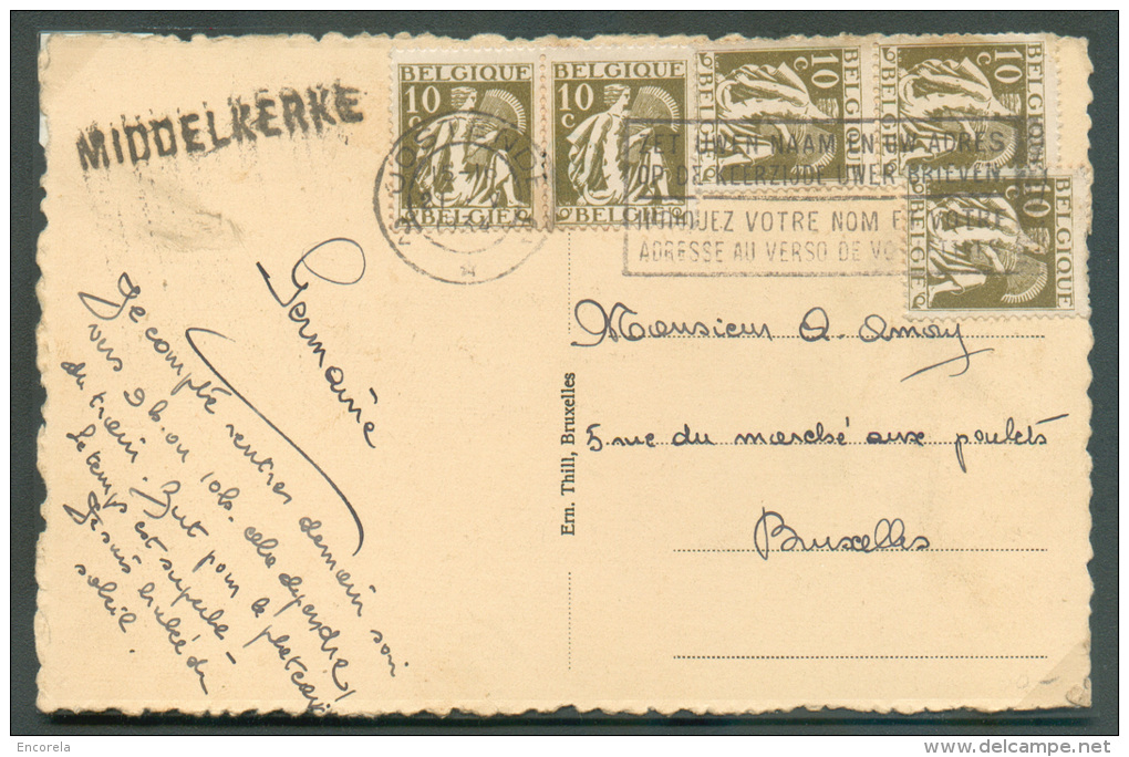 10 Centimes Cérès (5x) Obl. Mécanique De OOSTENDE S/C.V. Du 21-5-1932 + Griffe De MIDDELKERKE Vers Bruxelles.  TB  - 889 - 1932 Ceres Und Mercure