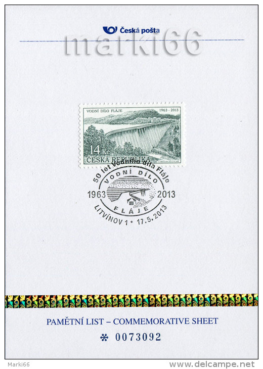 Czech Republic - 2013 - Technical Monuments - The Flaje Dam, 50th Anniversary - Special Numbered Commemorative Sheet - Briefe U. Dokumente