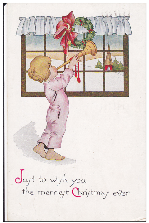 Boy Blowing Horn Wearing Pajamas, Winter Scene, Just To Wish  You The Merriest Christmas Ever!, PU-1916 - Autres & Non Classés