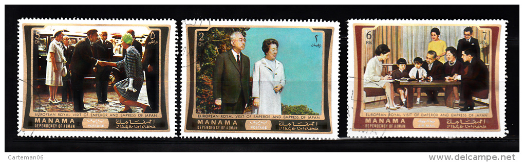 Manama - 3 Timbres Oblitérés - Epopean Royal Visit Of Emperor And Empress Of Japan (Japon) - Manama