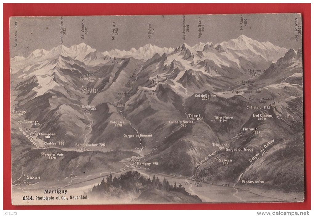 Z0096 Panorama Martigny Et Val De Bagnes,Ferret, Entremont, Saxon, Trient, Salvan. Cachet 1907, Phototypie 6514 - Bagnes