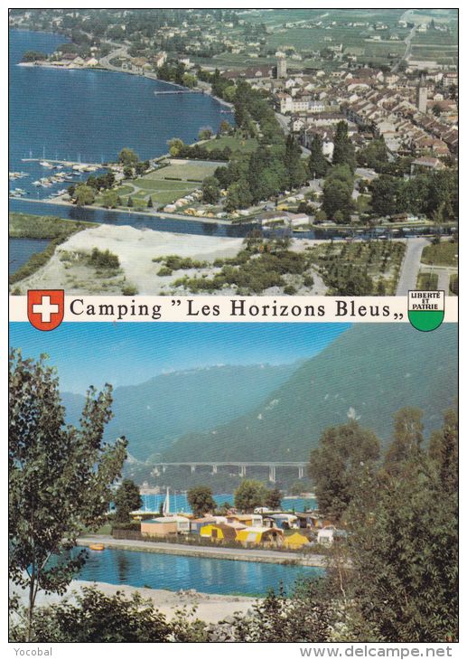 Cp , SUISSE , VILLENEUVE , Lac Léman - Camping "Les Horizons Bleus" , Multi-Vues - Villeneuve