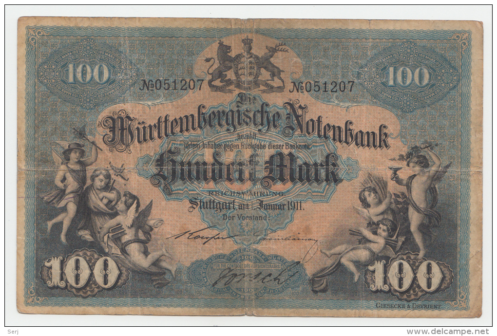 GERMANY WÜRTTENBERG Stuttgart 100 MARK 1911 VG+ - 100 Mark