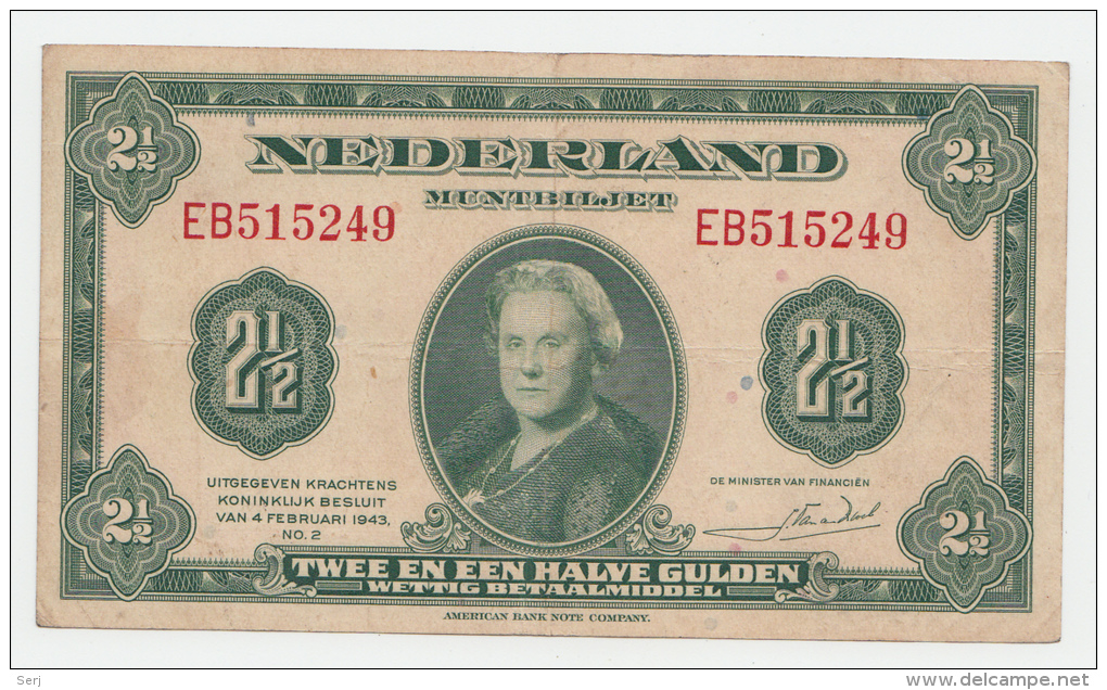 NETHERLANDS 2 1/2 GULDEN 1943 VF+ P 65 - 2 1/2 Gulden