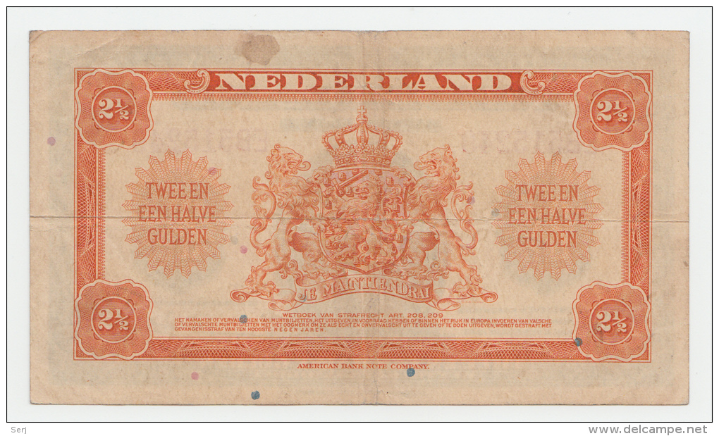 NETHERLANDS 2 1/2 GULDEN 1943 VF+ P 65 - 2 1/2 Gulden