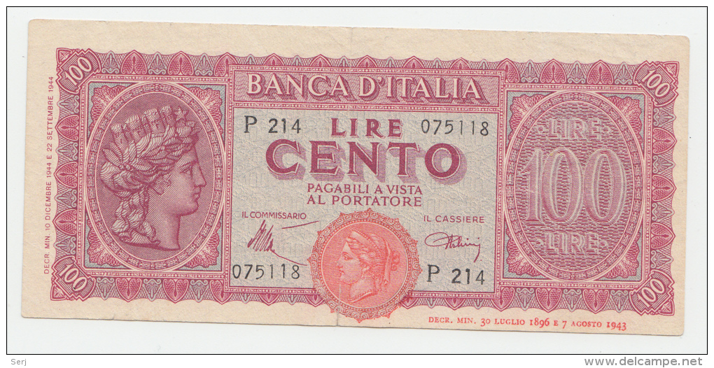Italy 100 Lire 1944 P 75a 75 A - 100 Liras