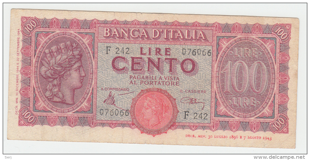Italy 100 Lire 1944 AVF CRISP Banknote P 75a 75 A - 100 Liras