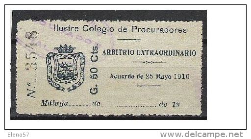 0338-SELLO FISCAL COLEGIO DE PROCURADORES DE MALAGA 50 CENTIMOS AÑO 1916 ESCUDO DIFERENTE SPAIN REVENUE FISCAUX - Revenue Stamps
